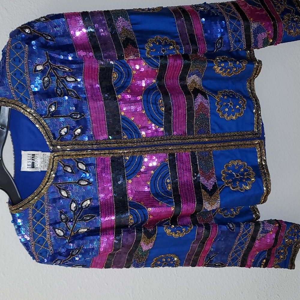 100% Silk Beaded and Sequins Blazer, Petite Large